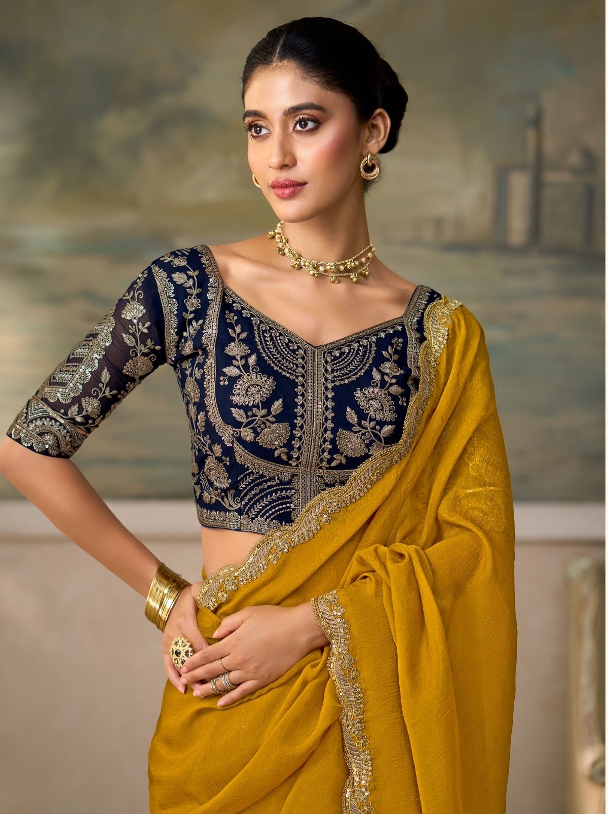 Mustard Yellow Regal Embroidered Saree with Blouse Piece