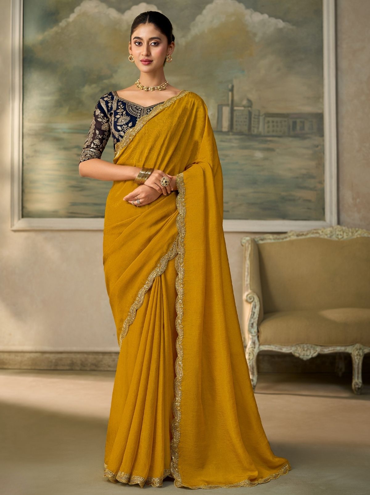 Mustard Yellow Regal Embroidered Saree with Blouse Piece