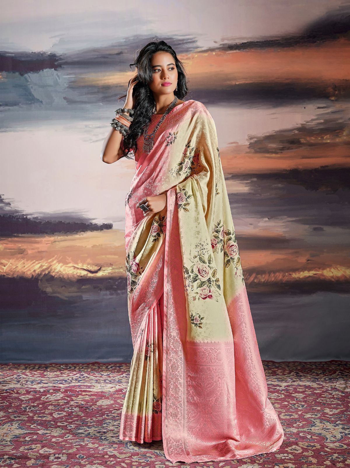 Beige Fine Satin Digital Silk Dual Tone Designer Saree - TrendOye
