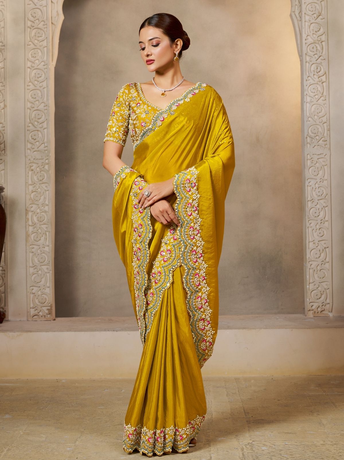 Tuscany Yellow Soft Satin Silk Wedding Saree With Blouse Piece