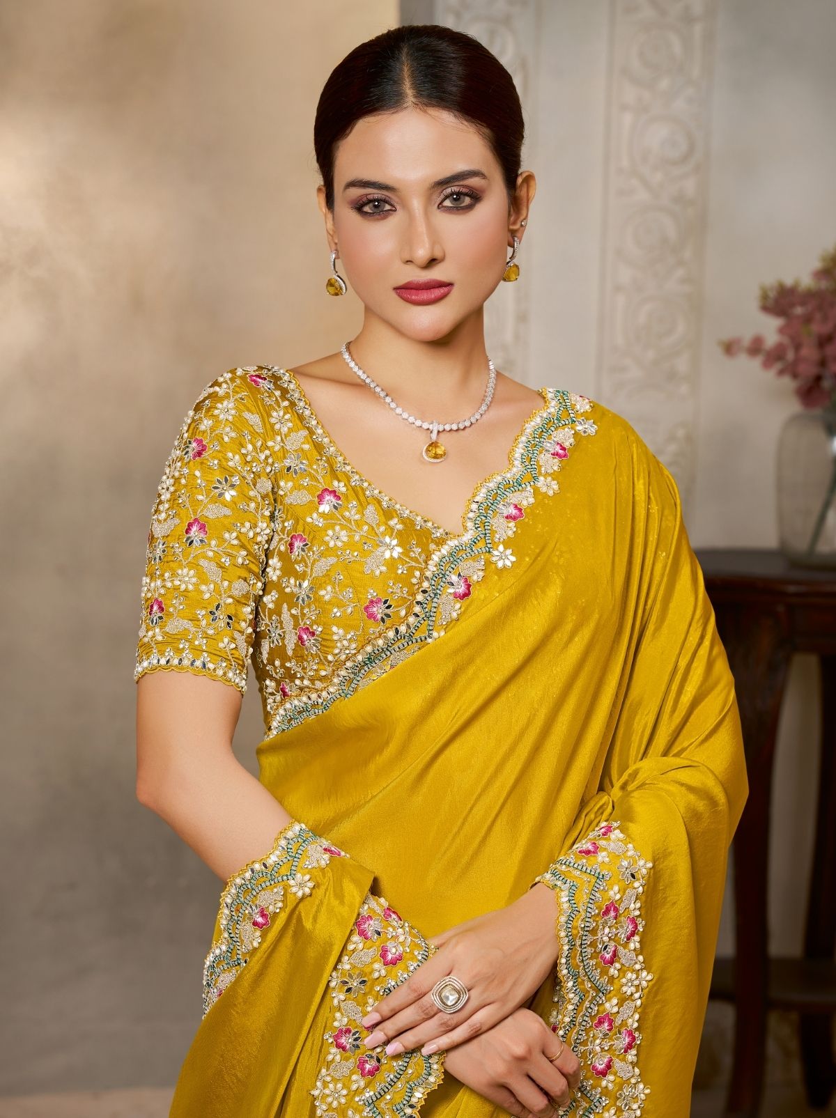 Tuscany Yellow Soft Satin Silk Wedding Saree With Blouse Piece