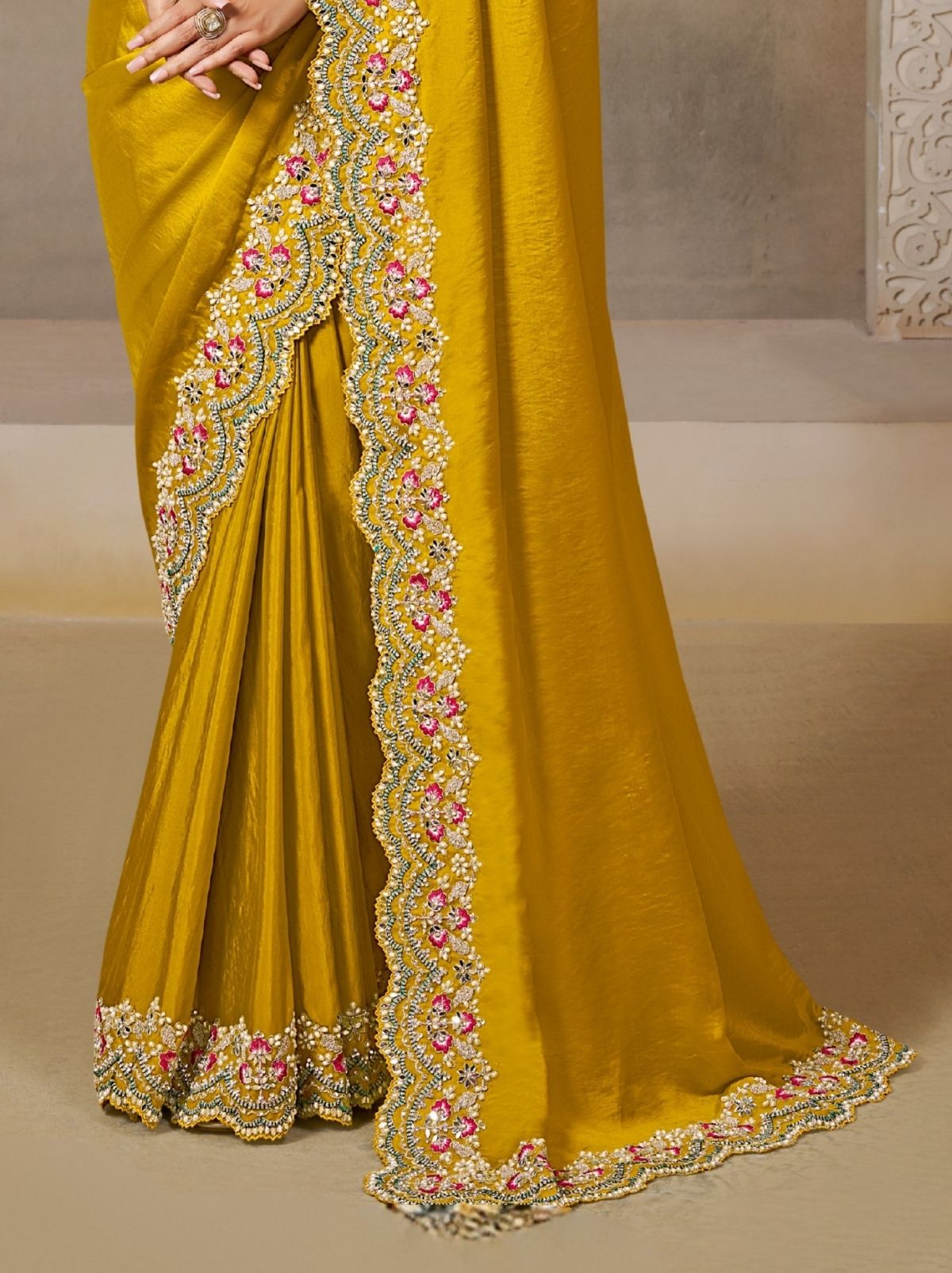 Tuscany Yellow Soft Satin Silk Wedding Saree With Blouse Piece