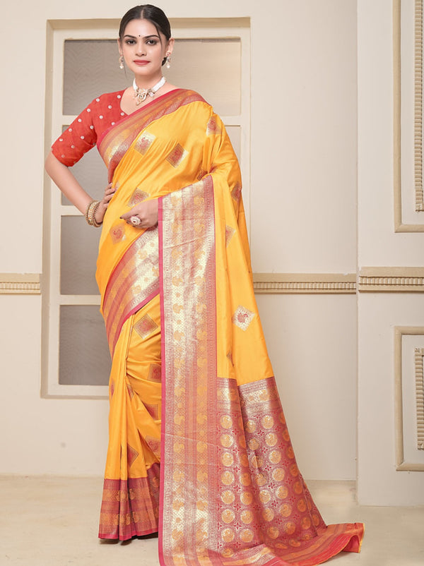 Cyber Yellow Soft Silk Paithani Saree With Contrast Blouse Piece