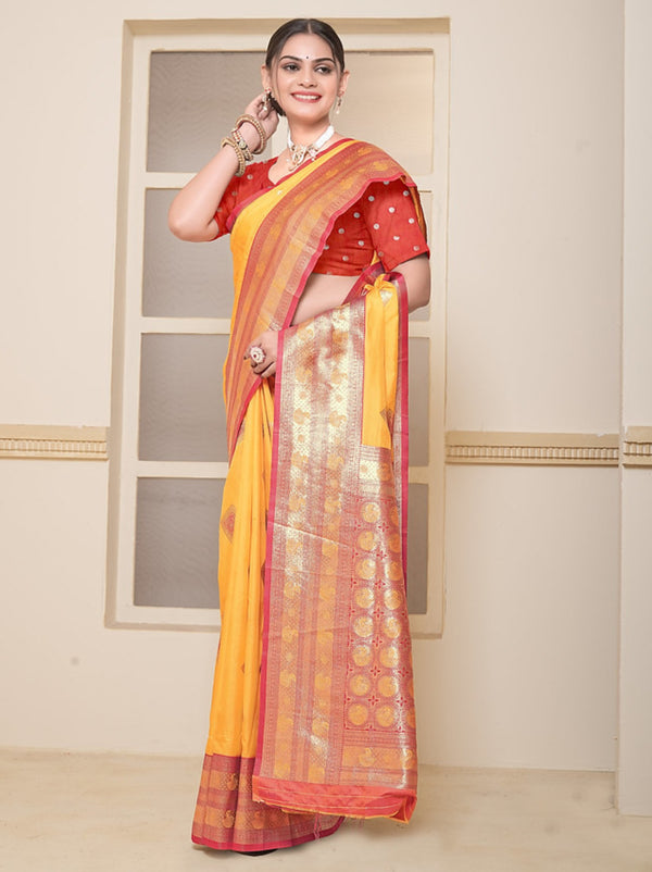 Cyber Yellow Soft Silk Paithani Saree With Contrast Blouse Piece