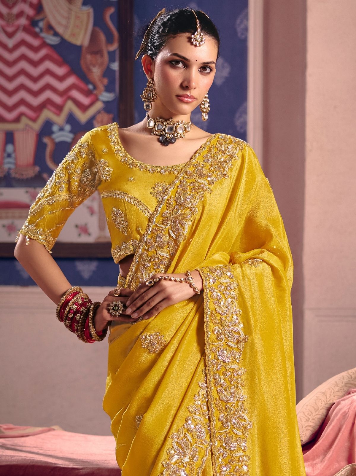 Sunflower Yellow Tissue Silk Saree with Luxurious Zari & Embroidered Border