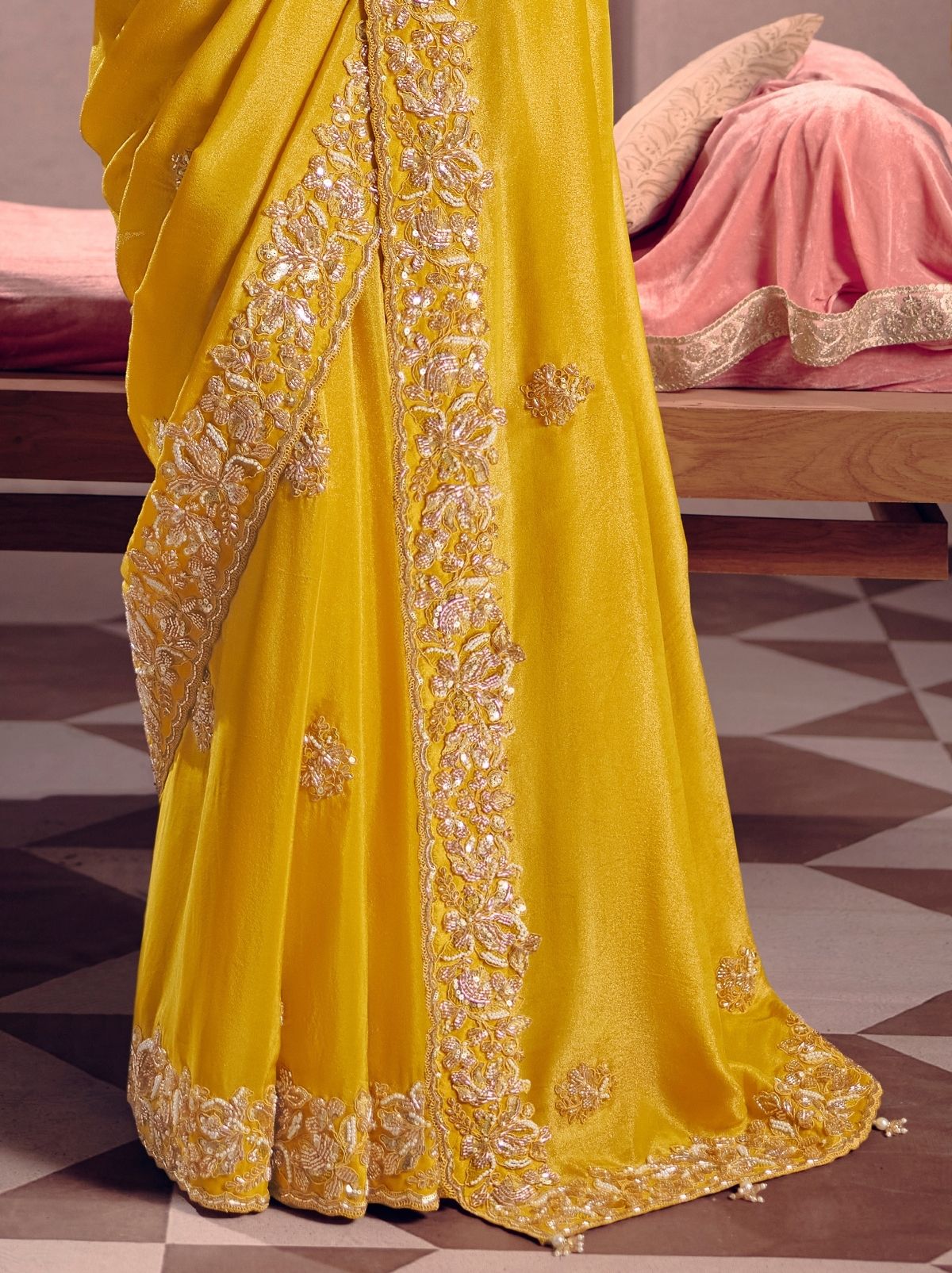 Sunflower Yellow Tissue Silk Saree with Luxurious Zari & Embroidered Border
