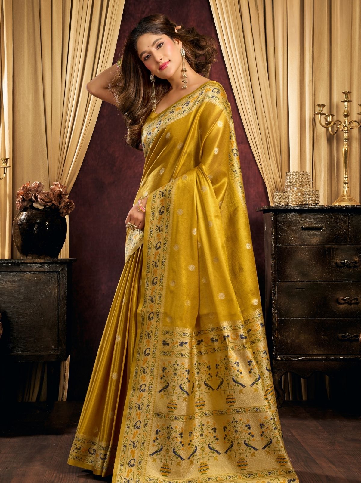 Ochre Yellow Tissue Silk Saree with Soft Zari & Tassels