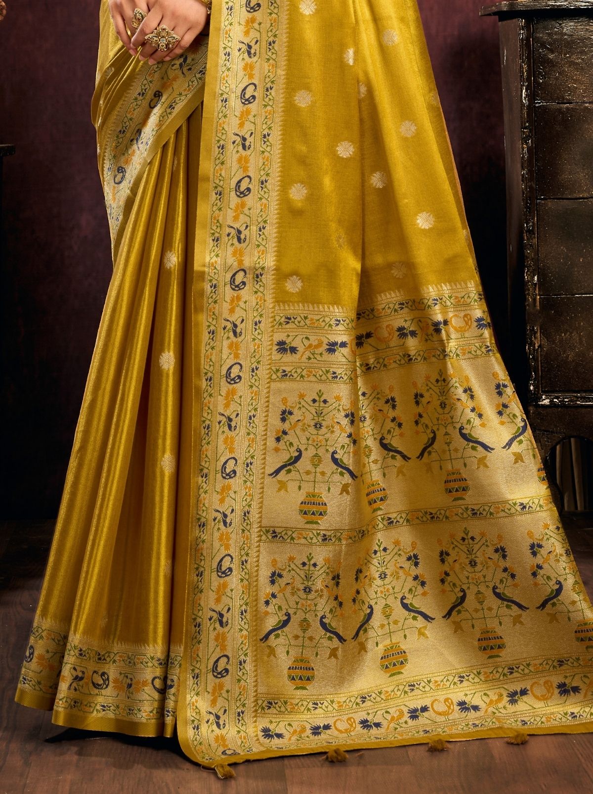 Ochre Yellow Tissue Silk Saree with Soft Zari & Tassels