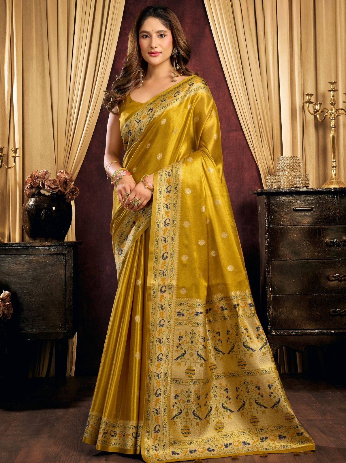 Ochre Yellow Tissue Silk Saree with Soft Zari & Tassels