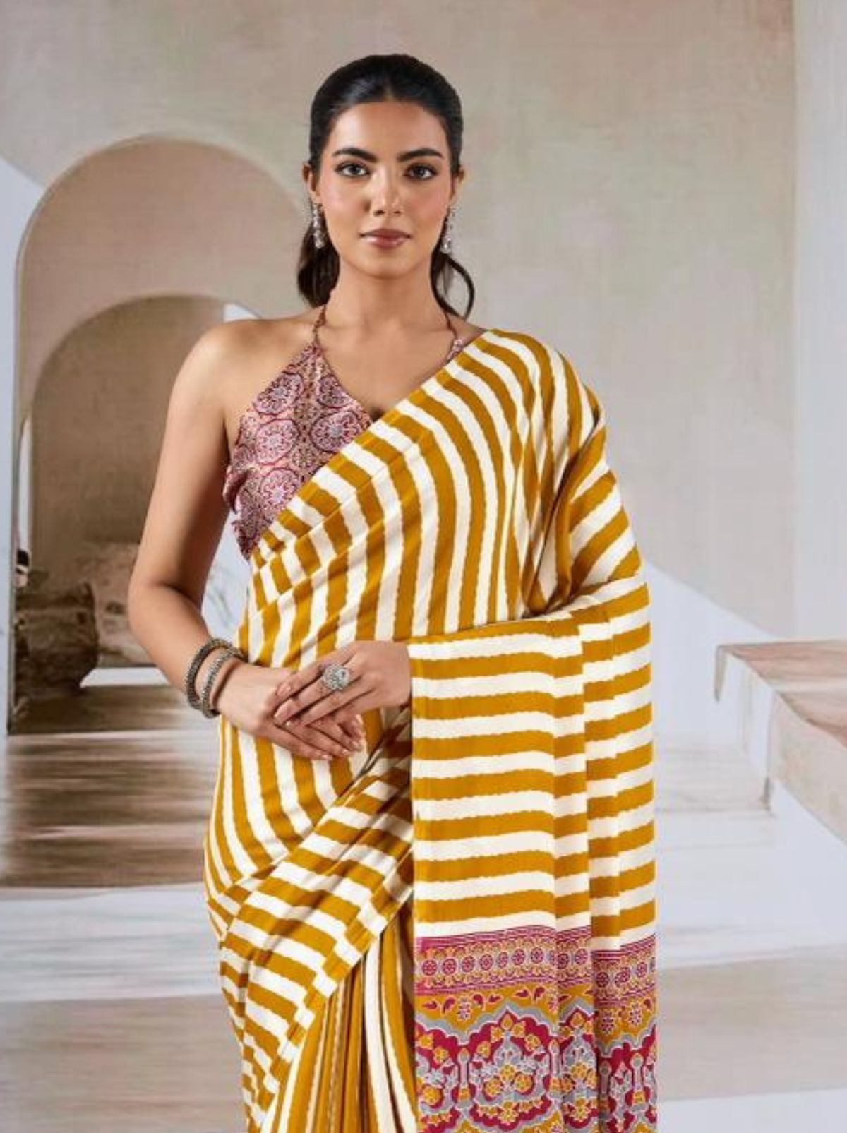Tuscany Yellow Trendy Striped Ajrakh Print Saree With Blouse Piece - TrendOye