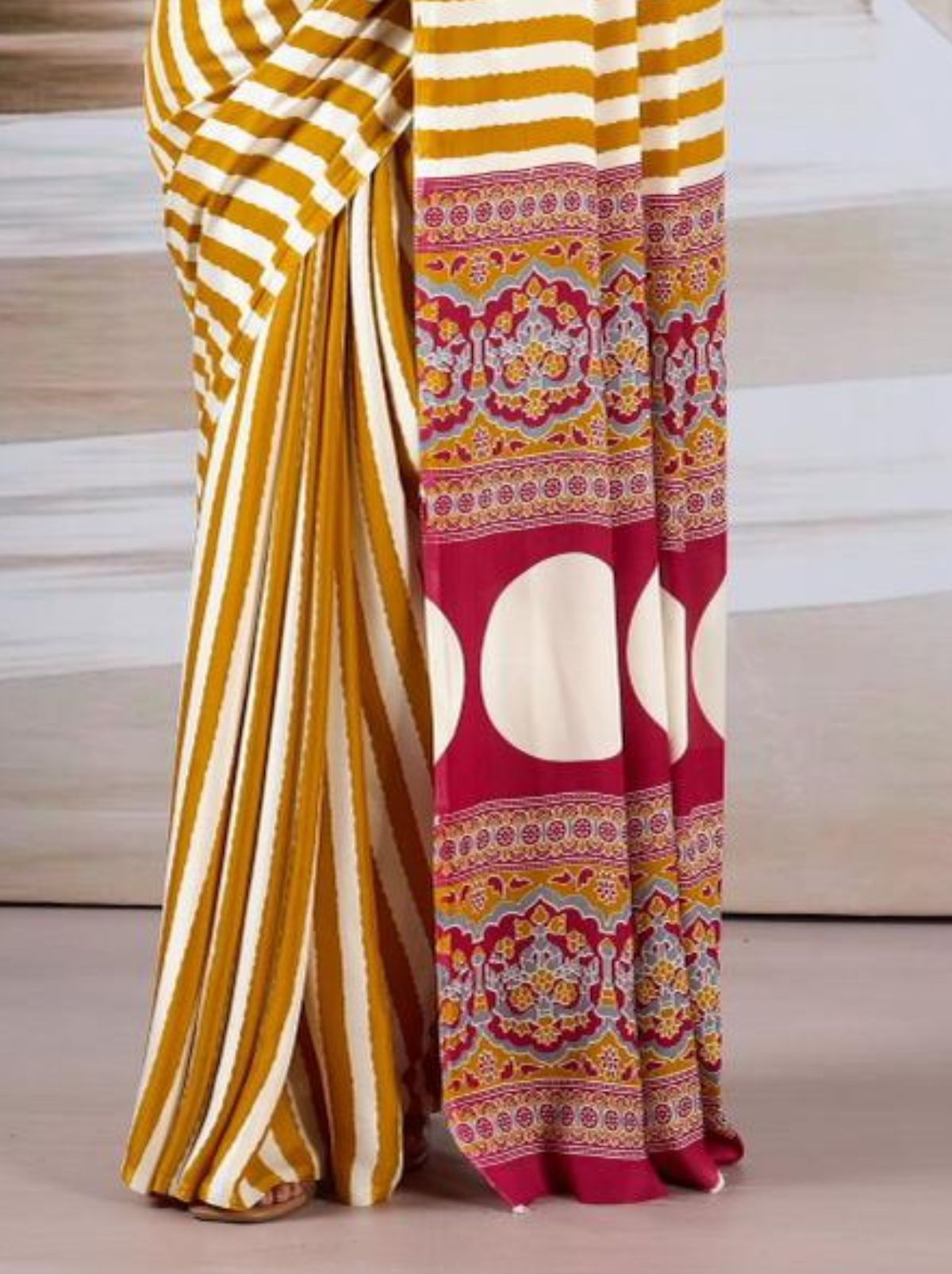 Tuscany Yellow Trendy Striped Ajrakh Print Saree With Blouse Piece - TrendOye