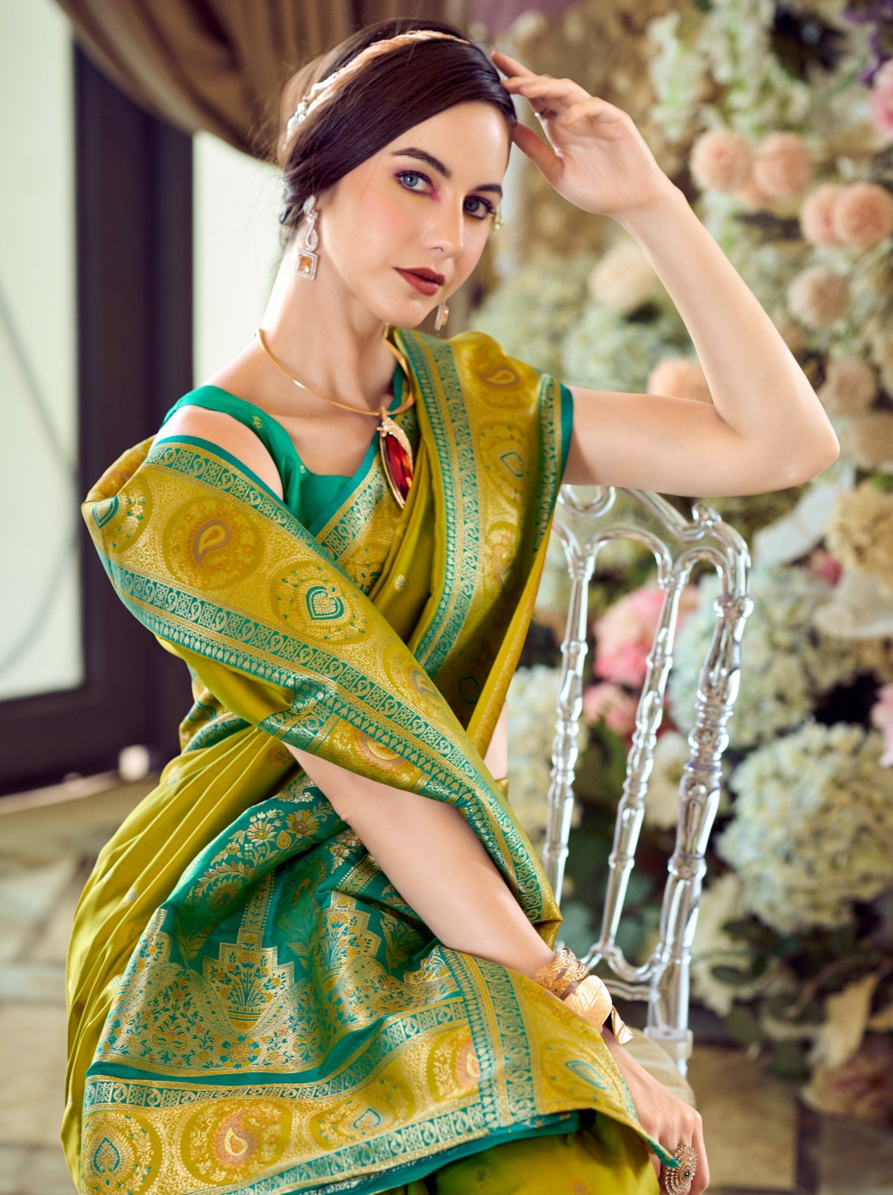 Alge Yellow Festive Saree - TrendOye