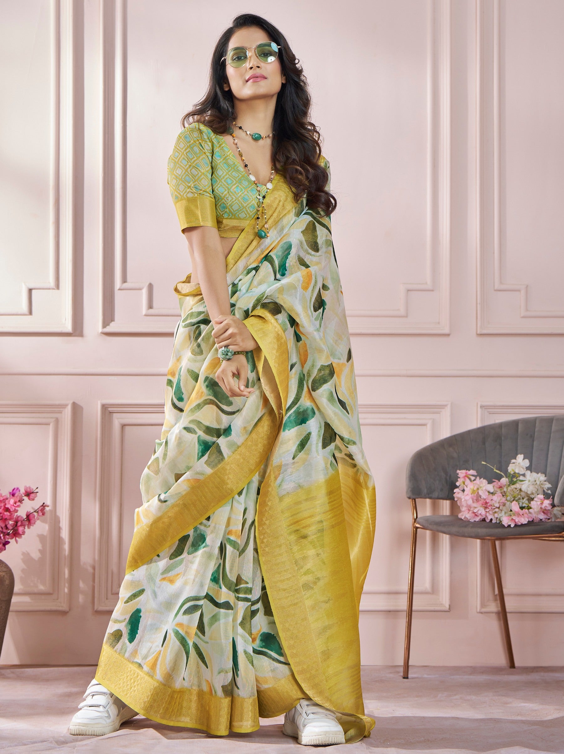 Light Goldenrod Yellow Celebration Saree - TrendOye