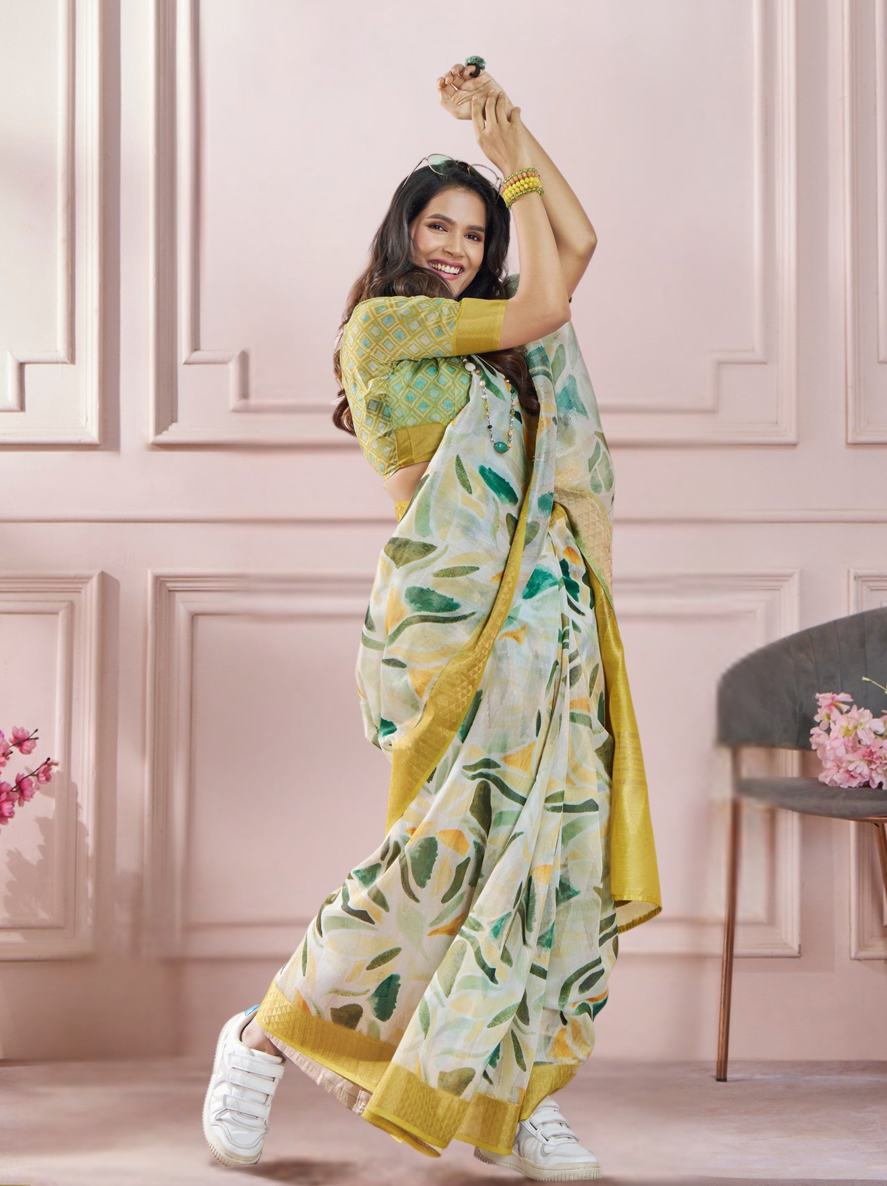 Light Goldenrod Yellow Celebration Saree - TrendOye