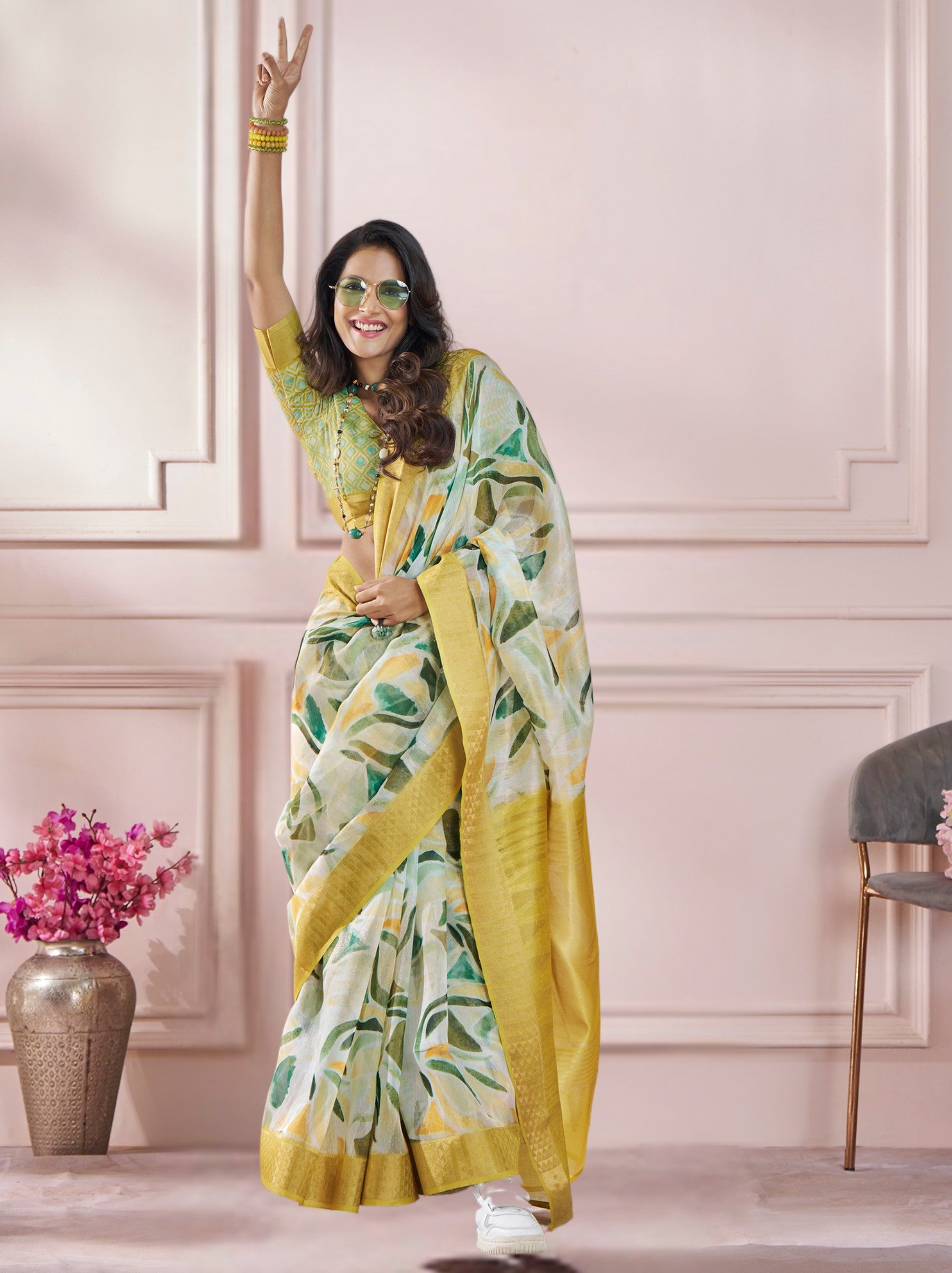 Light Goldenrod Yellow Celebration Saree - TrendOye
