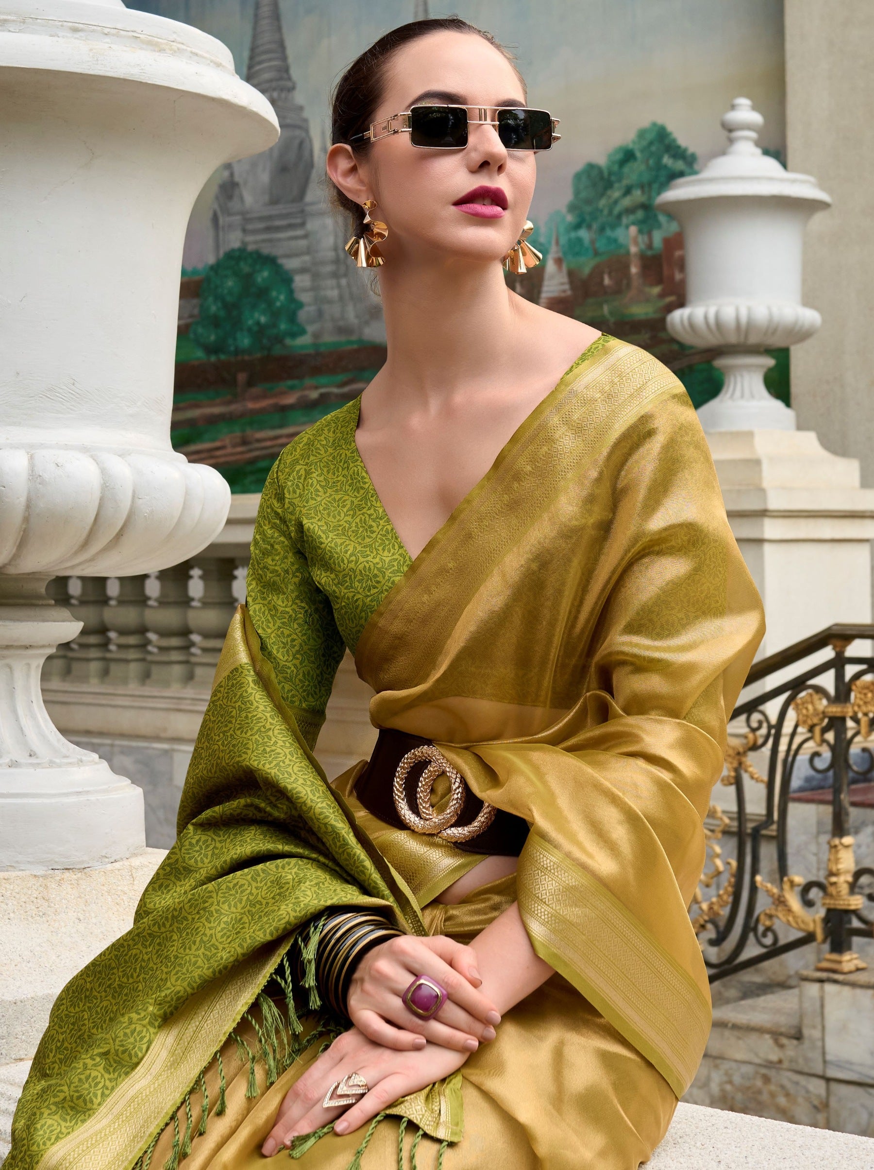 Flaxen Yellow Celebration Saree - TrendOye