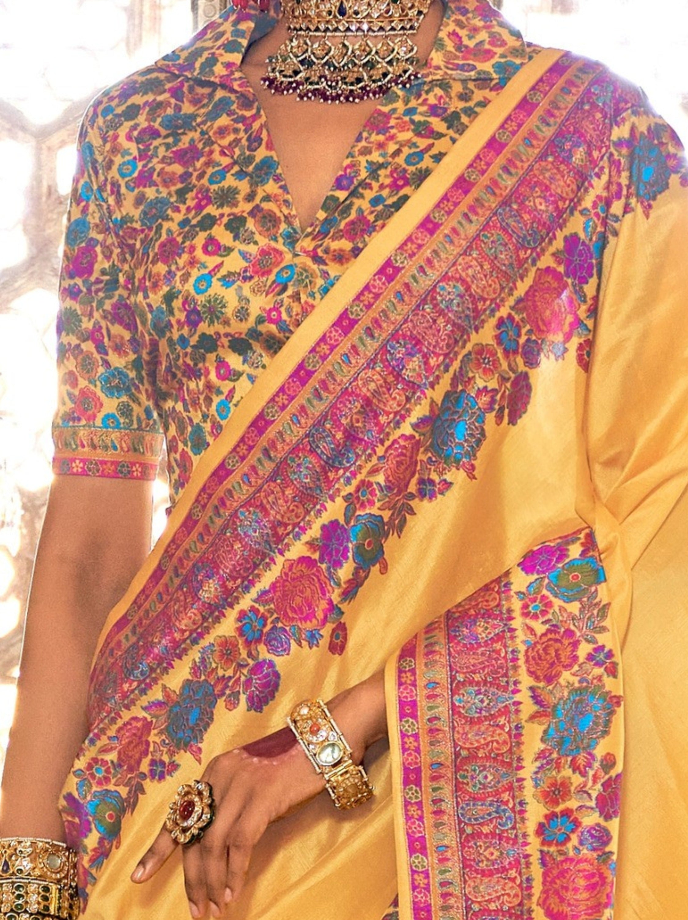 Bumblebee Yellow Ethnic Designer Silk Saree With Blouse Piece