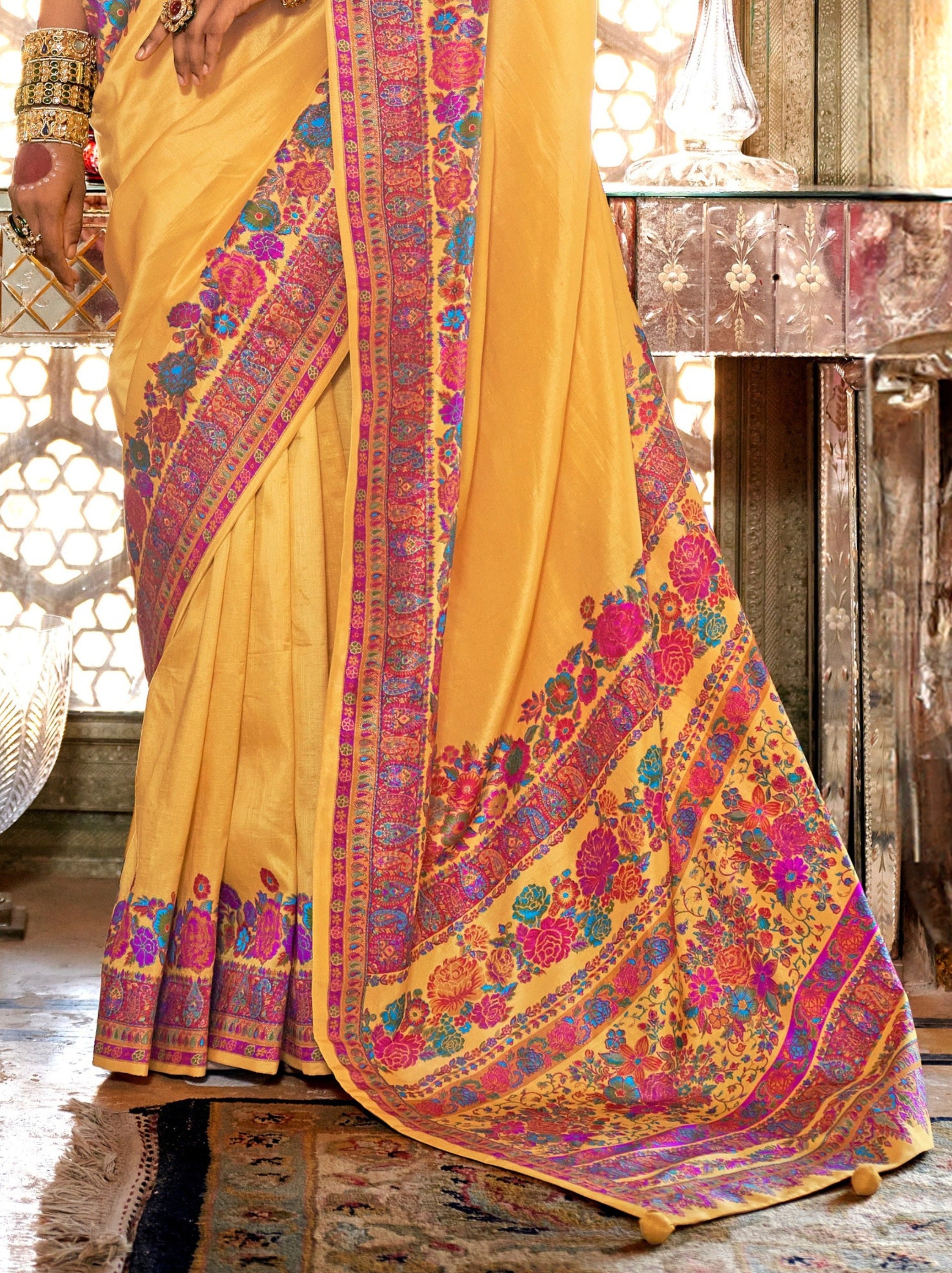 Bumblebee Yellow Ethnic Designer Silk Saree With Blouse Piece