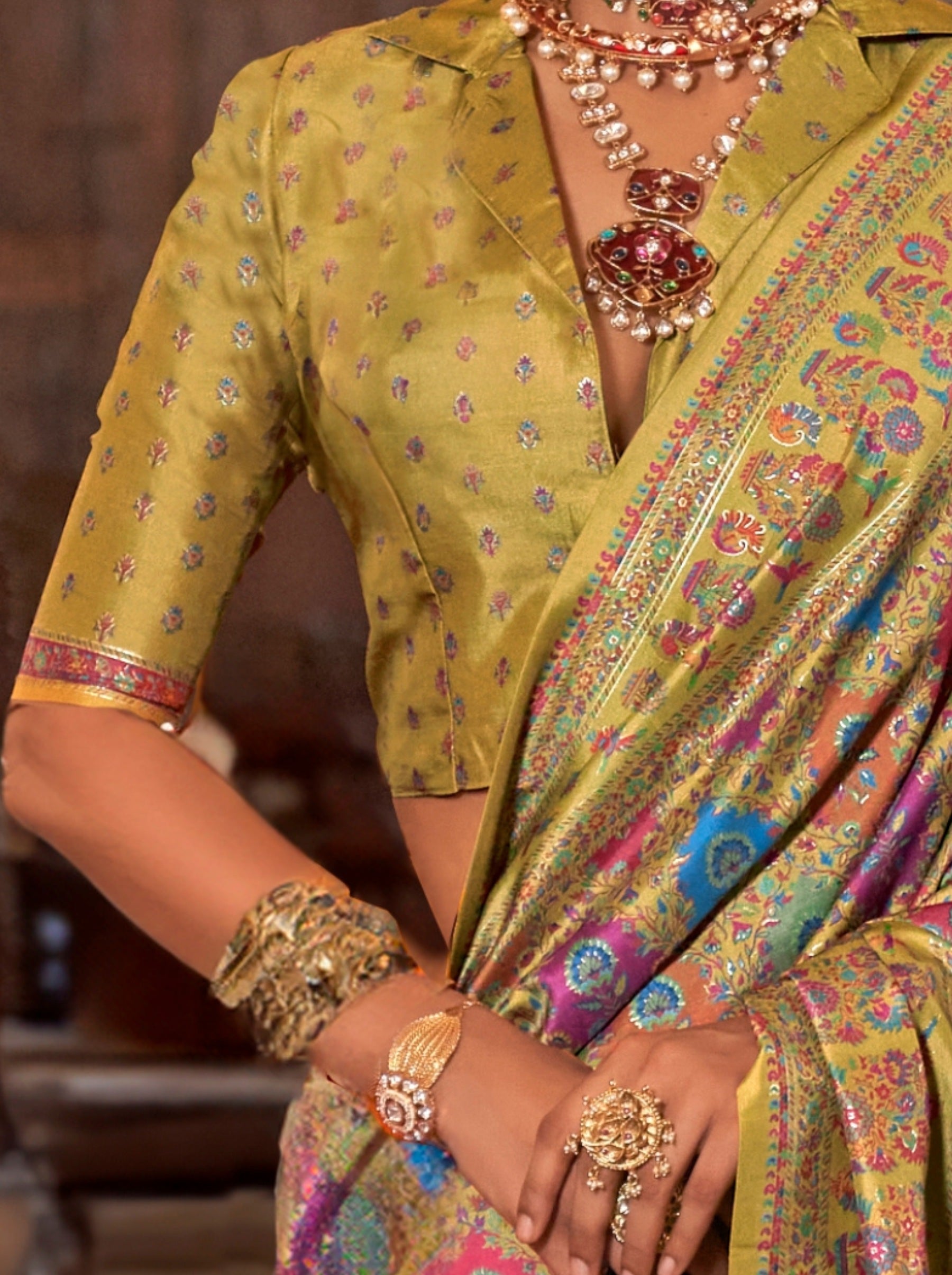 Flaxen Yellow Fancy Silk Party Saree - TrendOye