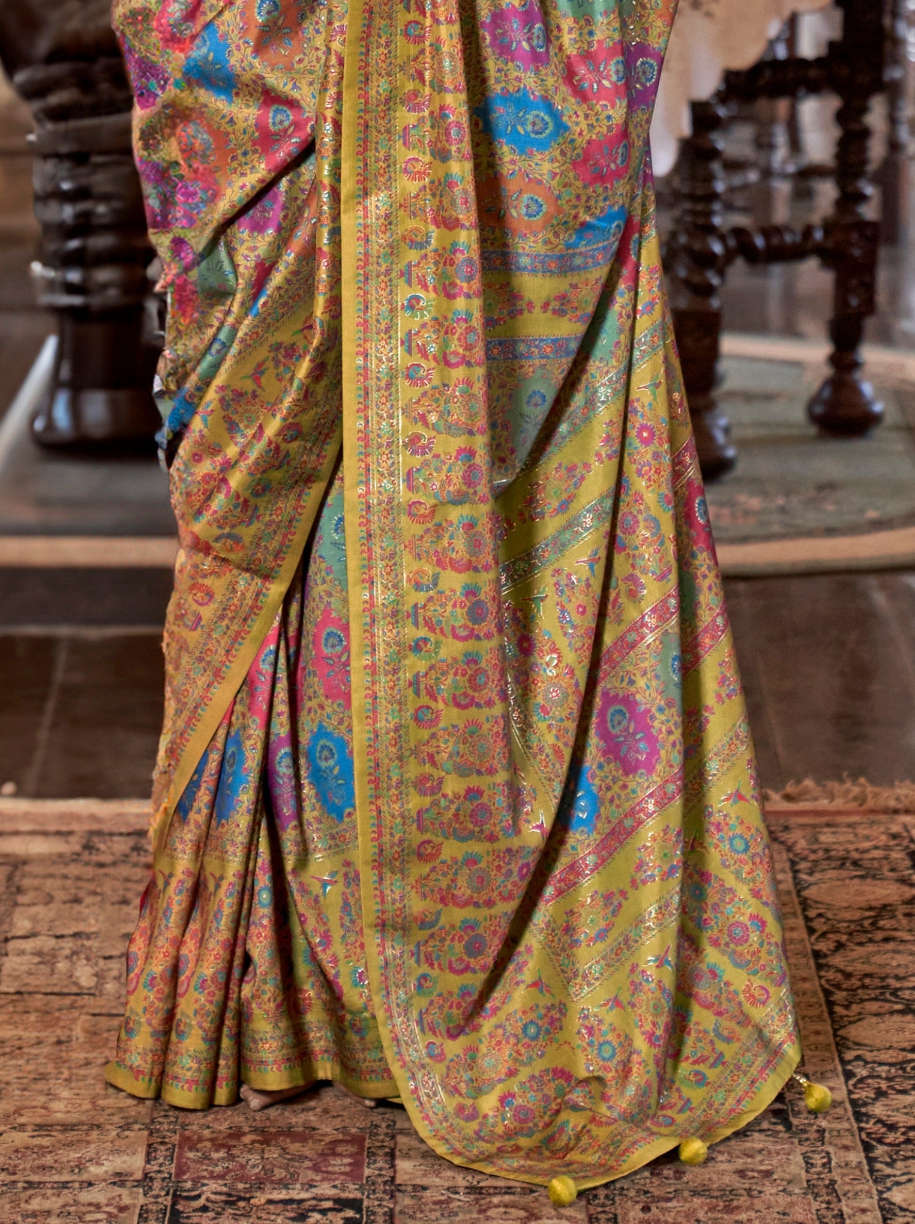 Flaxen Yellow Fancy Silk Party Saree - TrendOye