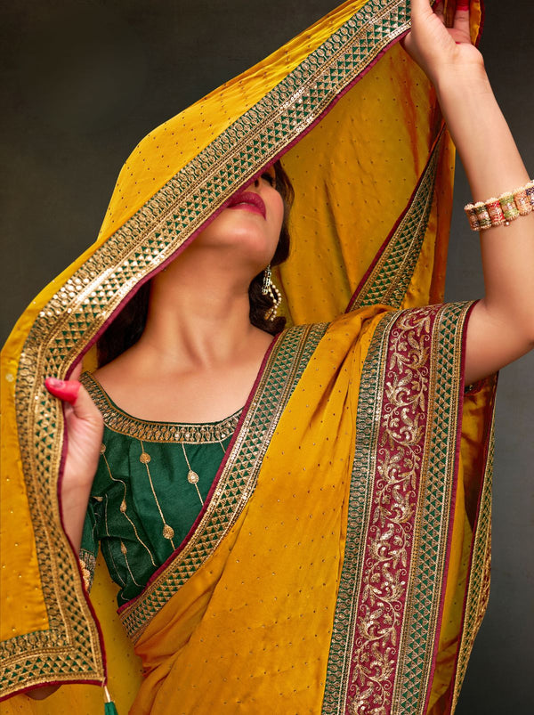 Bold Yellow Fine Premium Wedding Designer Silk Saree