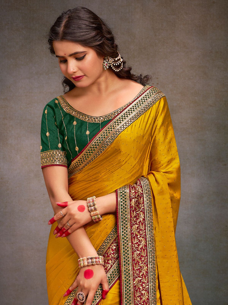 Bold Yellow Fine Premium Wedding Designer Silk Saree