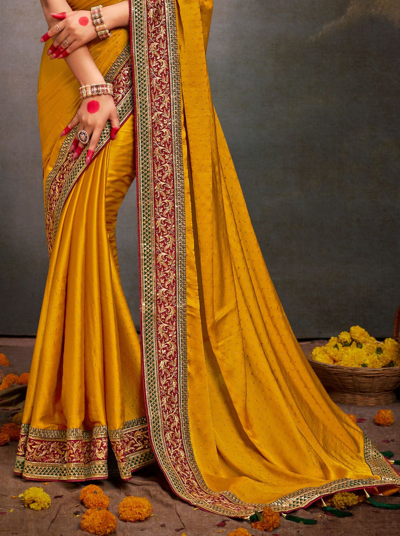 Bold Yellow Fine Premium Wedding Designer Silk Saree