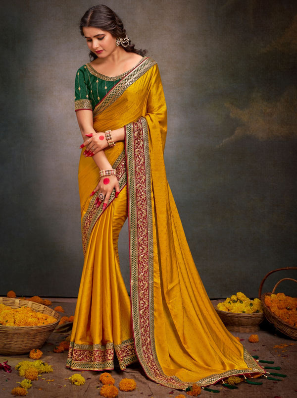 Bold Yellow Fine Premium Wedding Designer Silk Saree