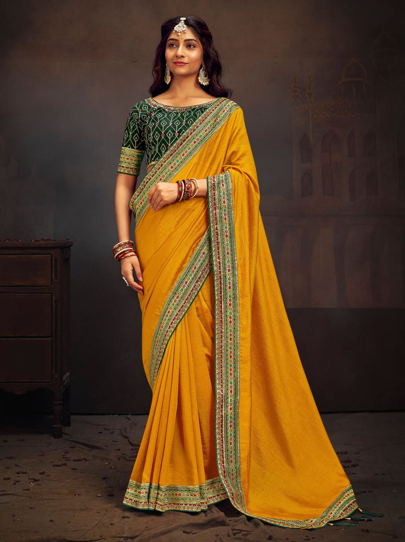 Mustered Yellow Fine Wedding Premium Designer Silk Saree