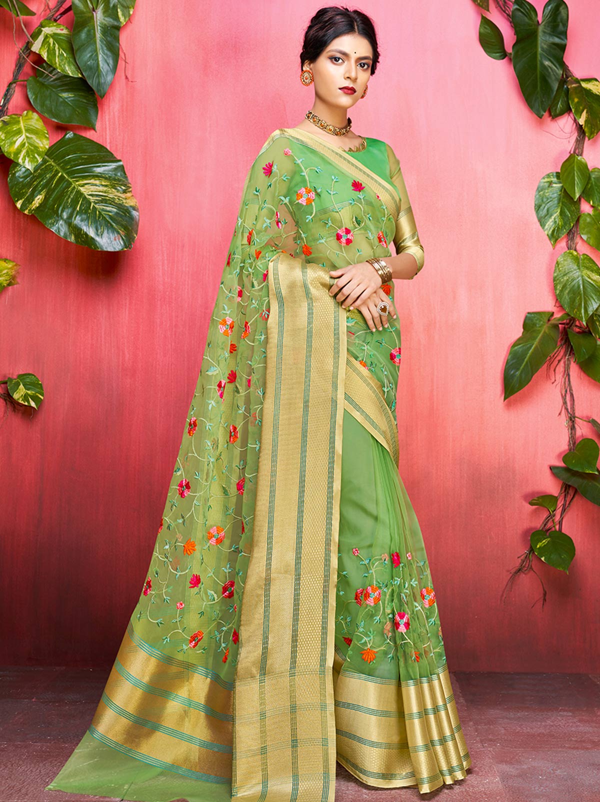 Fabulous Green Coloured Embroidered Organza Saree - TrendOye