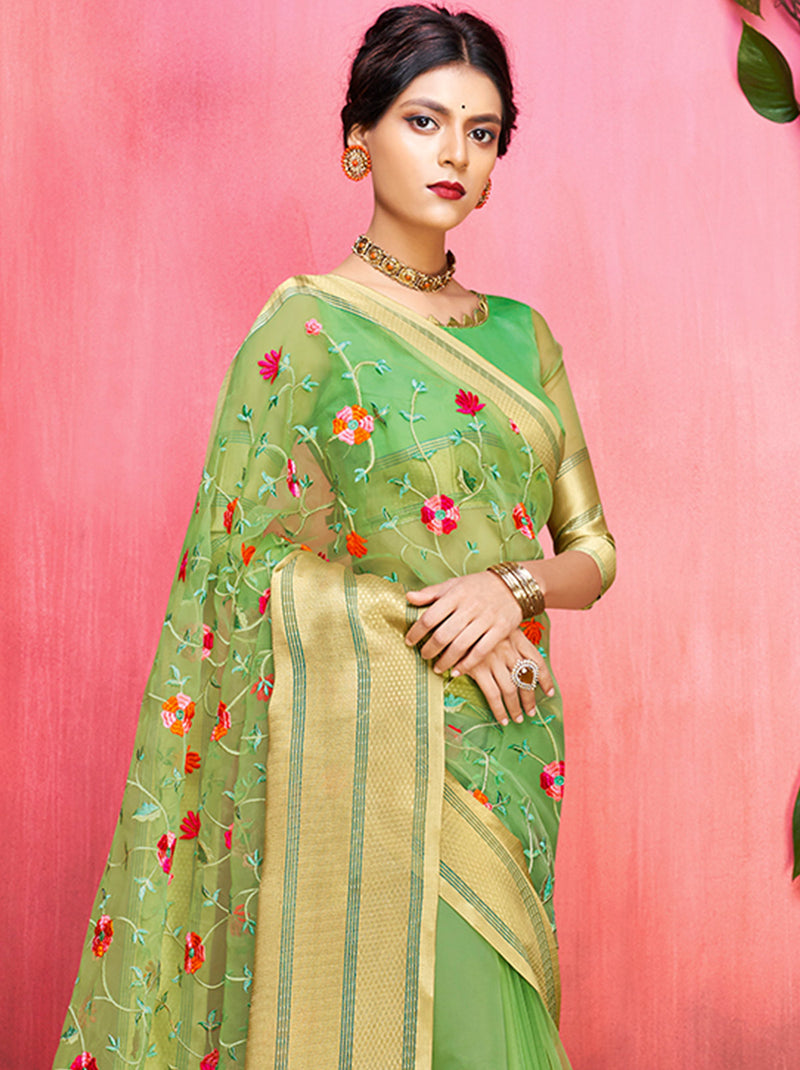 Fabulous Green Coloured Embroidered Organza Saree - TrendOye