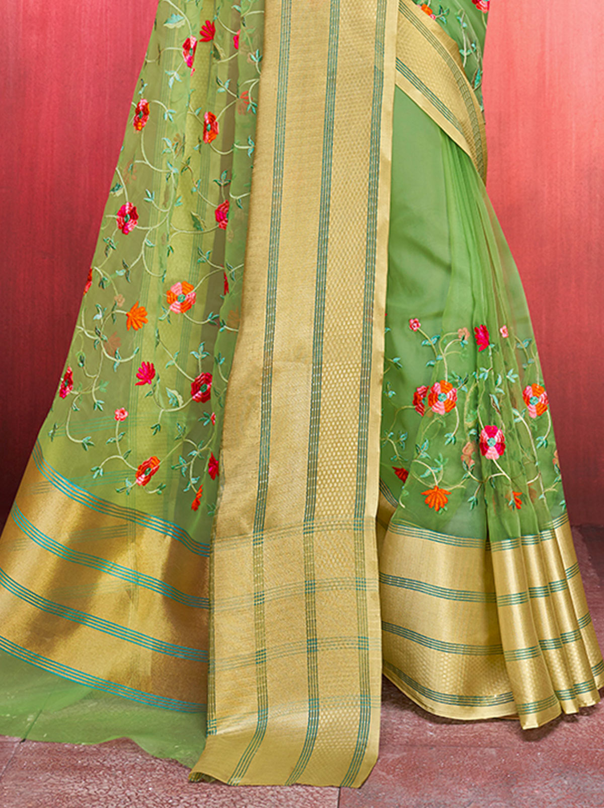 Fabulous Green Coloured Embroidered Organza Saree - TrendOye