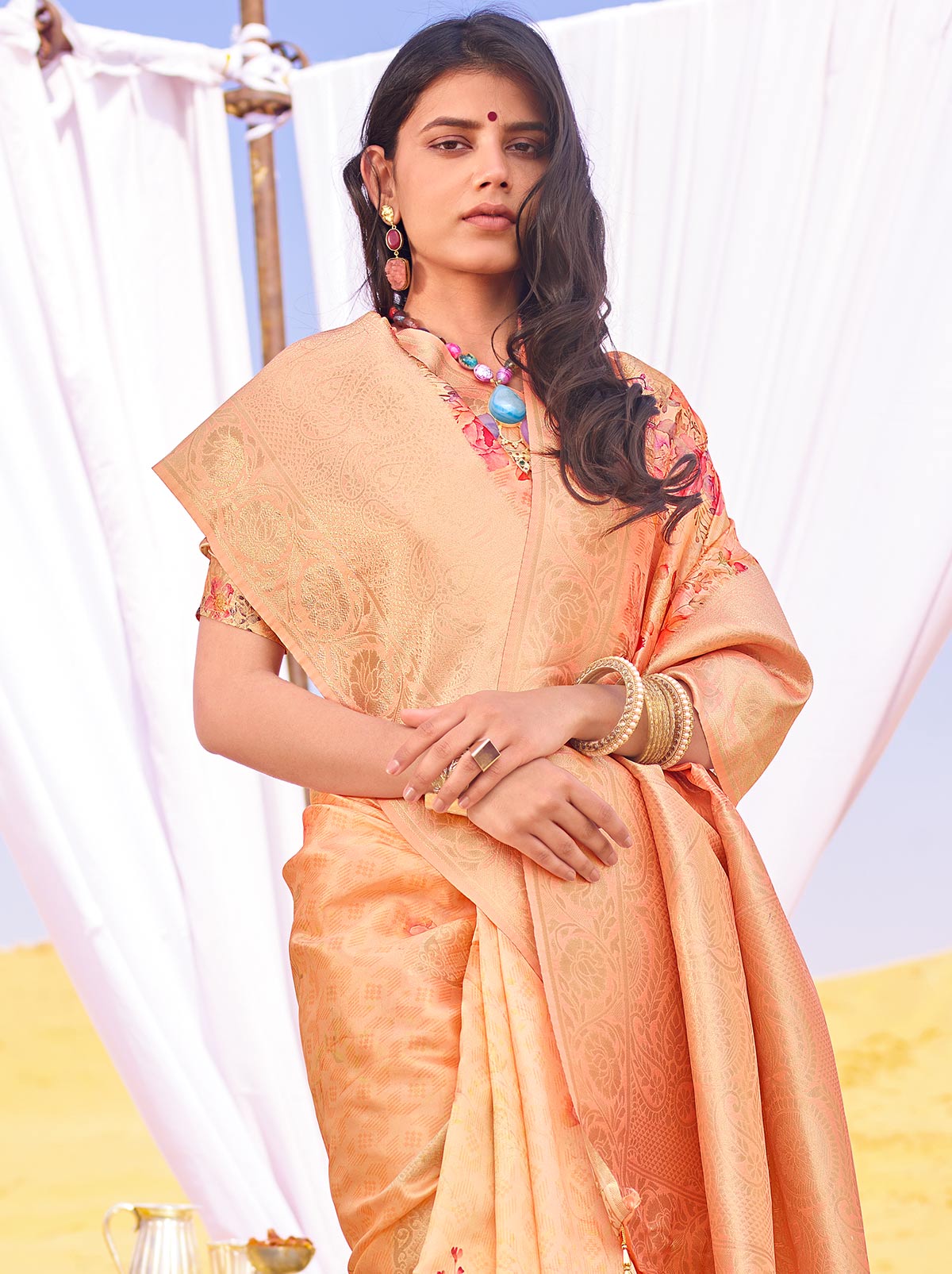 Remarkable Double Tone Peach Coloured Jacquard Digital Art Silk Saree - TrendOye