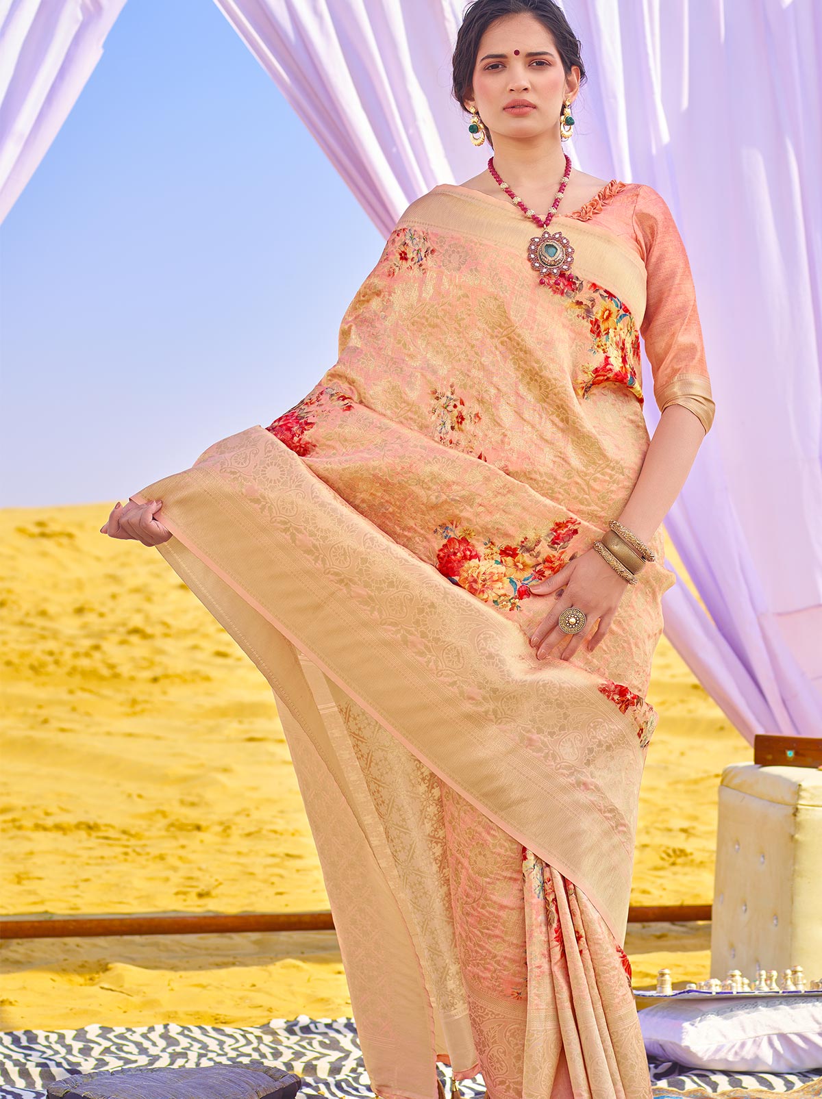 Incredible Double Tone Peach Coloured Jacquard Digital Art Silk Saree - TrendOye