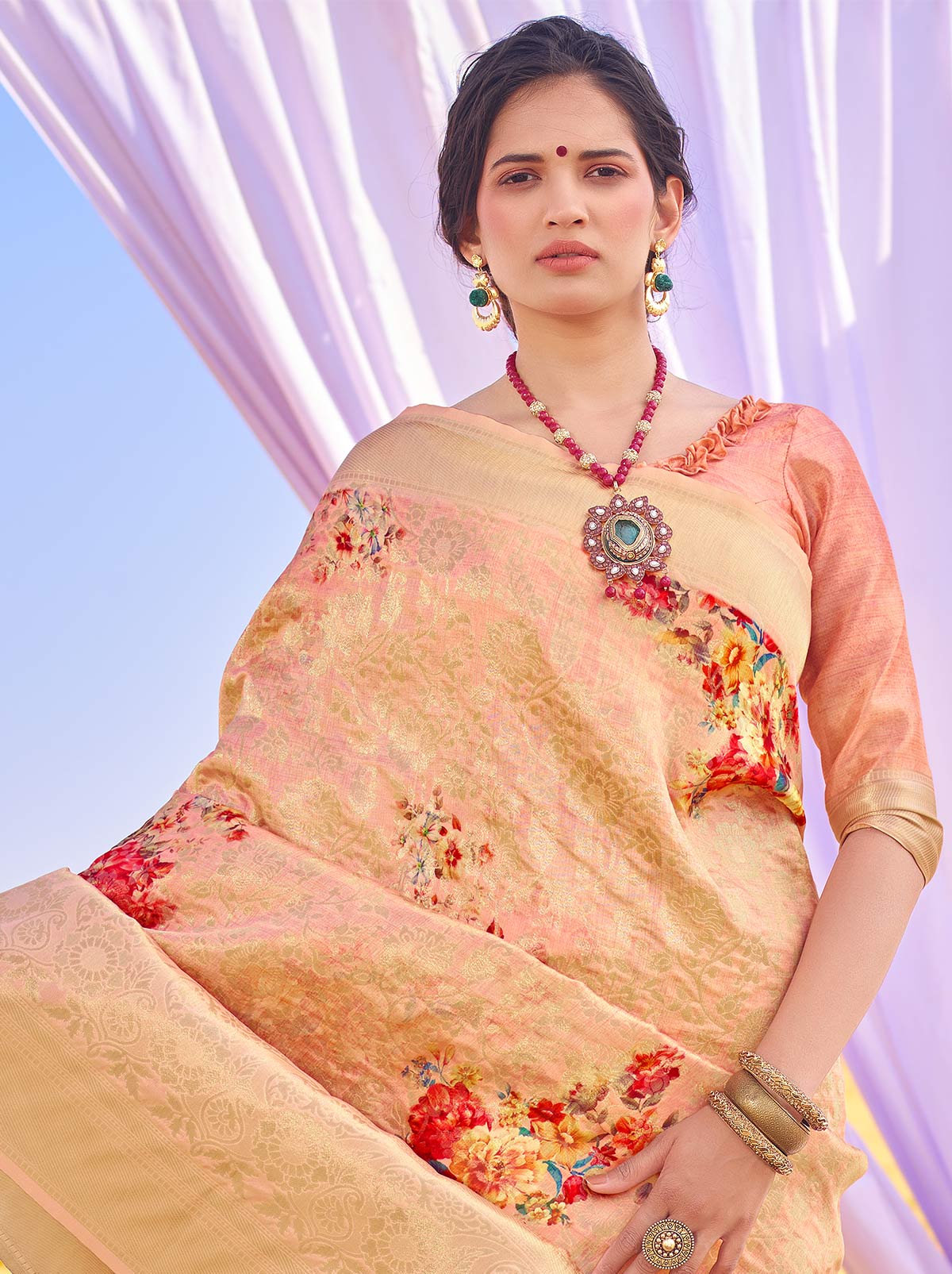 Incredible Double Tone Peach Coloured Jacquard Digital Art Silk Saree - TrendOye