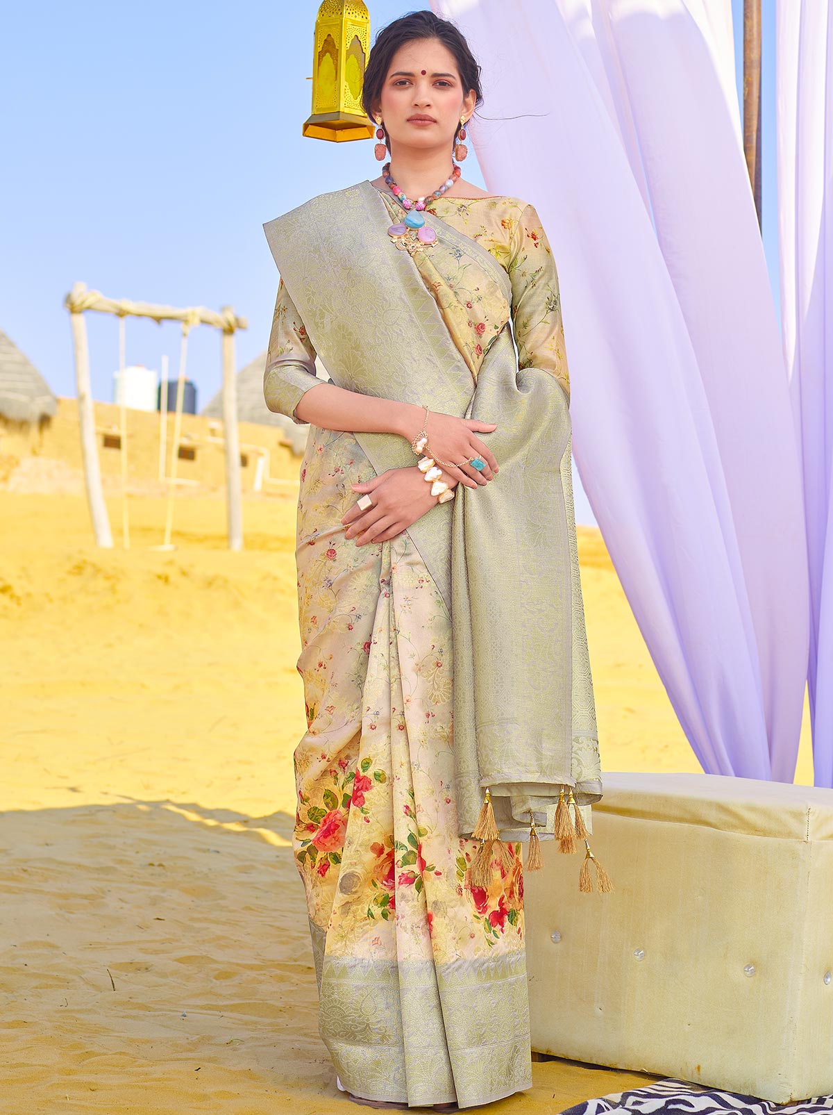 Impressive Double Tone Grey Coloured Jacquard Digital Art Silk Saree - TrendOye