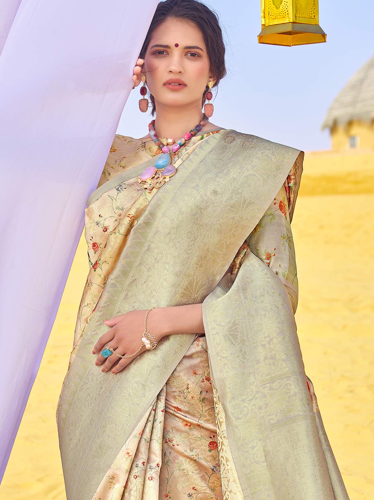 Impressive Double Tone Grey Coloured Jacquard Digital Art Silk Saree - TrendOye