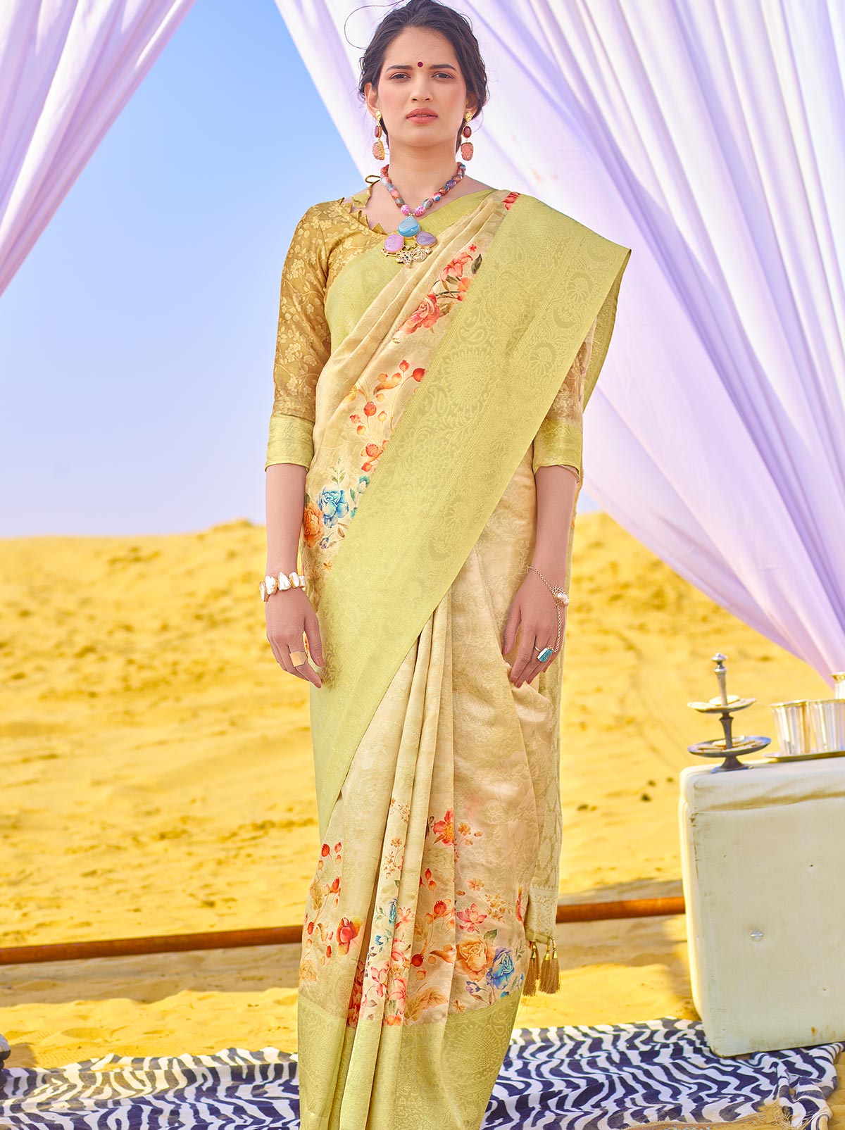 Amazing Double Tone Yellow Coloured Jacquard Digital Art Silk Saree - TrendOye