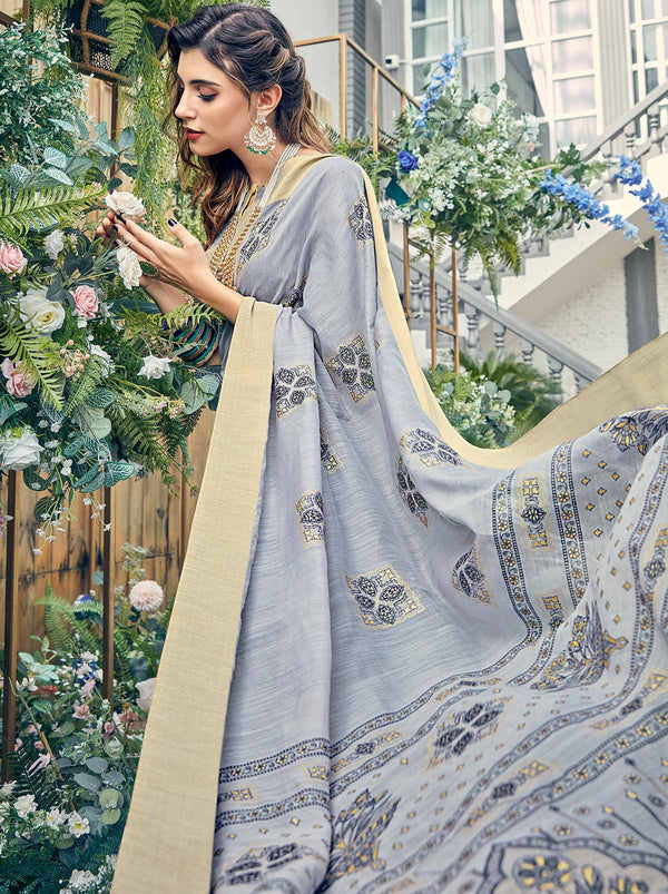 Bewitching Cotton Silk Saree in Grey - TrendOye