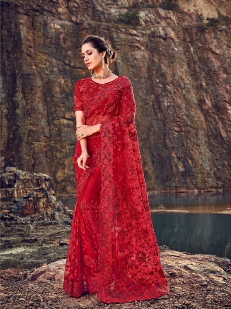 Regal Red Premium Net Saree with Floral Embroidery - TrendOye