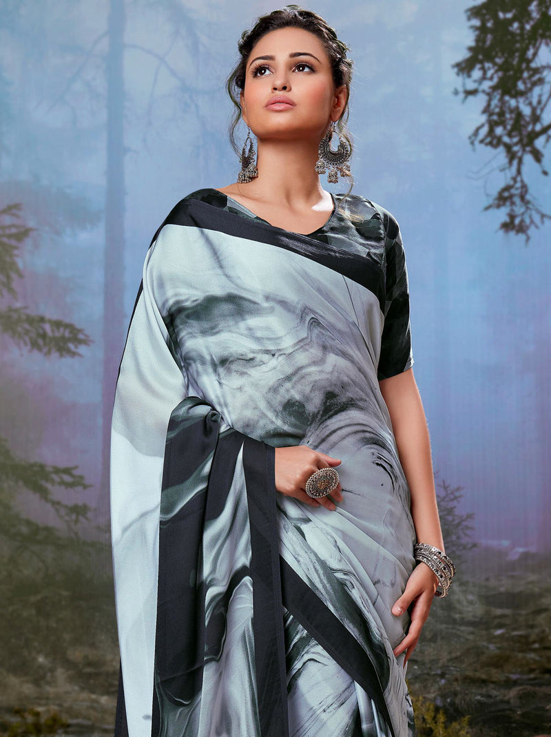 Appealing Digital Satin Silk Saree in Black - TrendOye