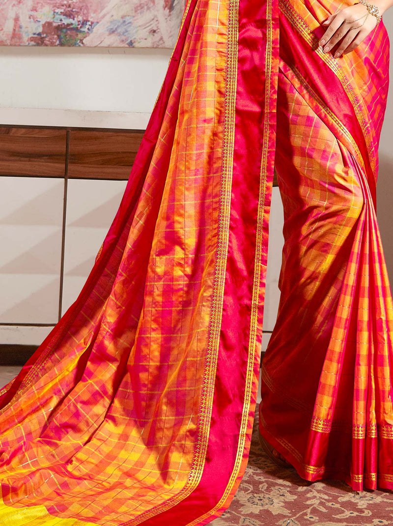 Sensational Red Coloured Art Silk Checkered Saree - TrendOye
