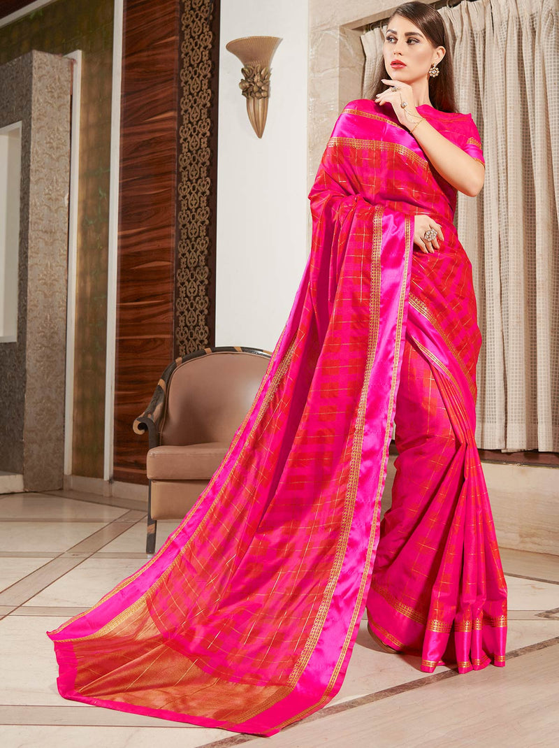 Pretty Pink Coloured Art Silk Checkered Saree - TrendOye