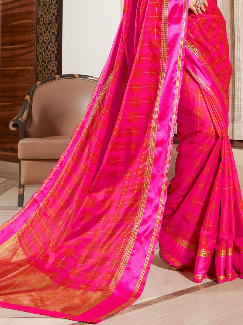 Pretty Pink Coloured Art Silk Checkered Saree - TrendOye