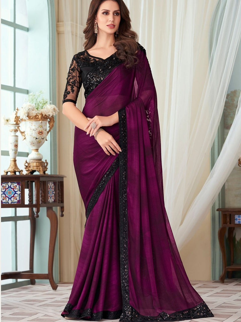 Elegantly Purple-Black Designer Saree - TrendOye