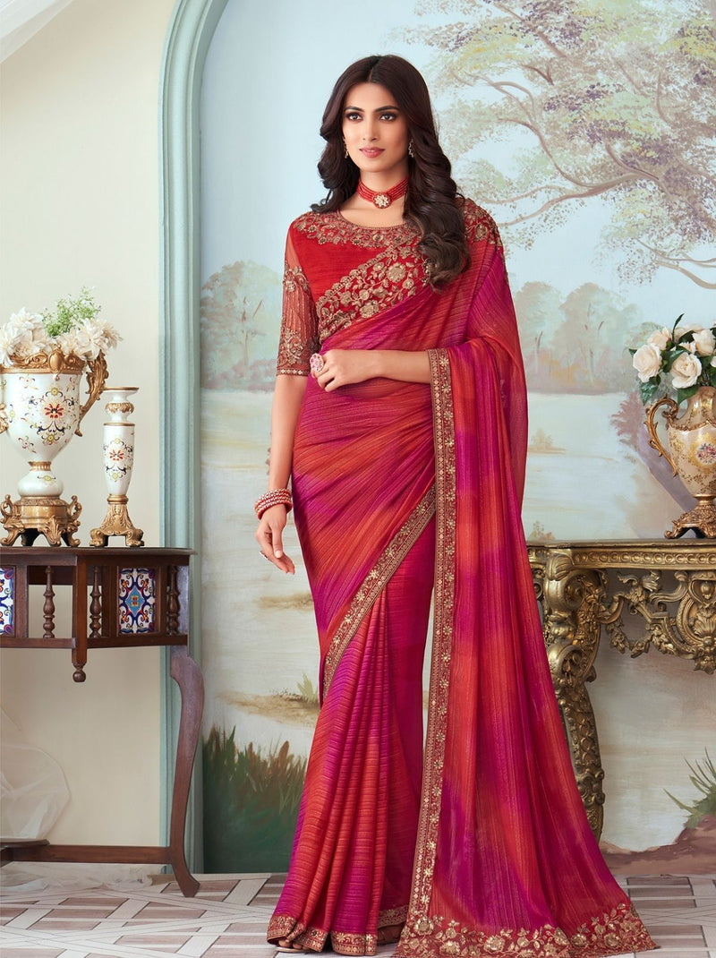 Bold Red Designer Blended Silk Saree - TrendOye