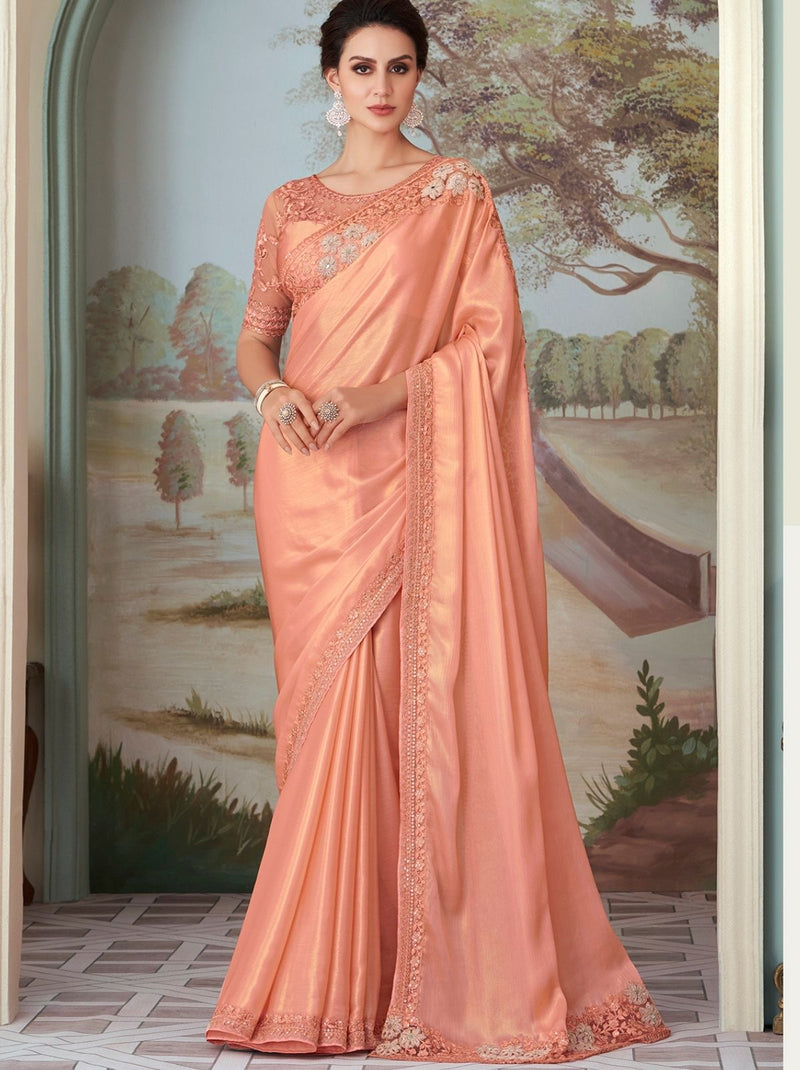 Evocative Peach Designer Saree With Magnificent Embroidery Work - TrendOye