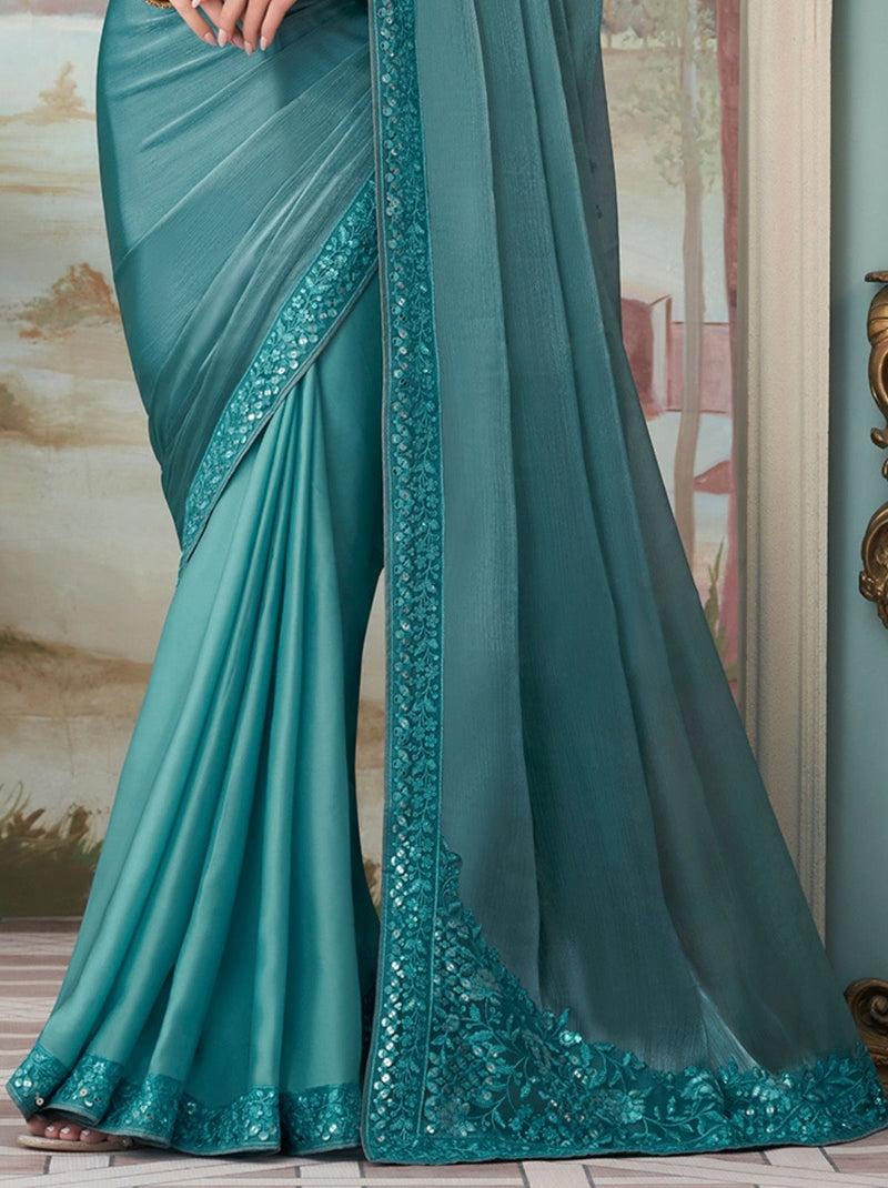 Glimmering Blue Plain Classic Blended Silk Saree - TrendOye