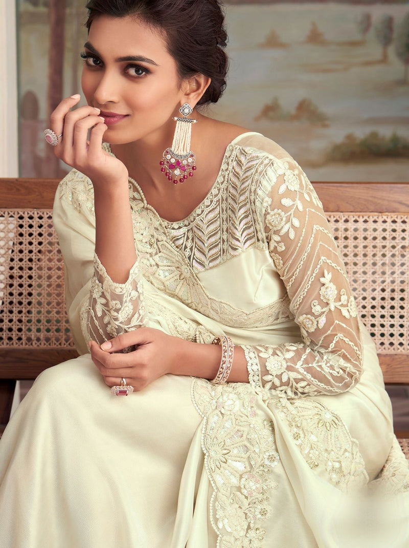 Graceful White Premium Soft Blended Silk Designer Saree - TrendOye
