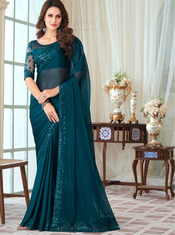 Splendidly Green Designer Saree With Sequin Designs - TrendOye